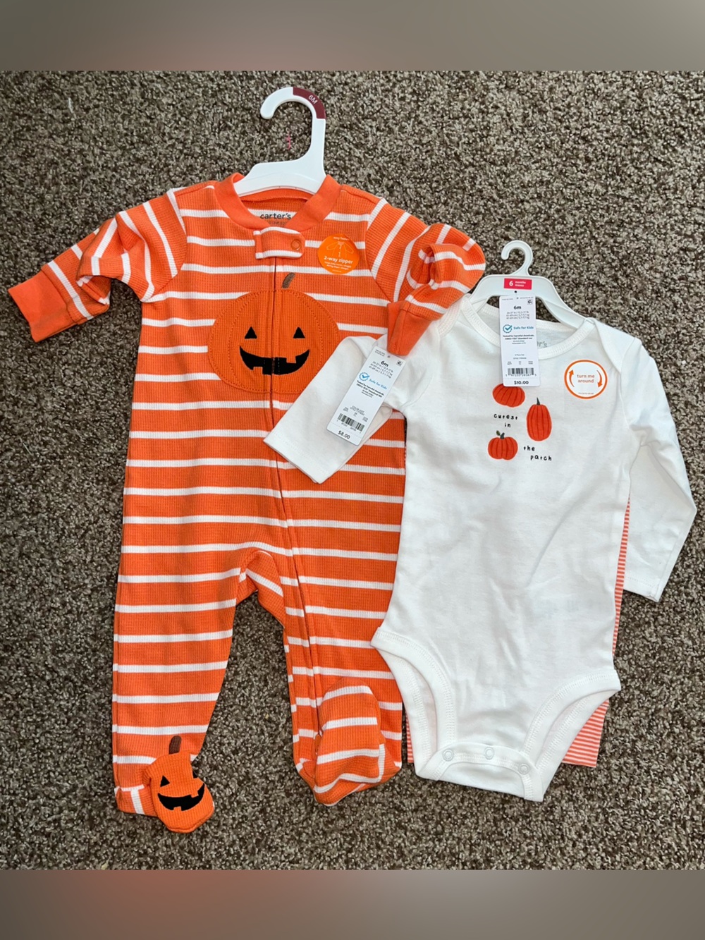 NWT Carter's Orange & White Pumpkin Stripe Pjs and 2 Piece Pumpkin outfit set